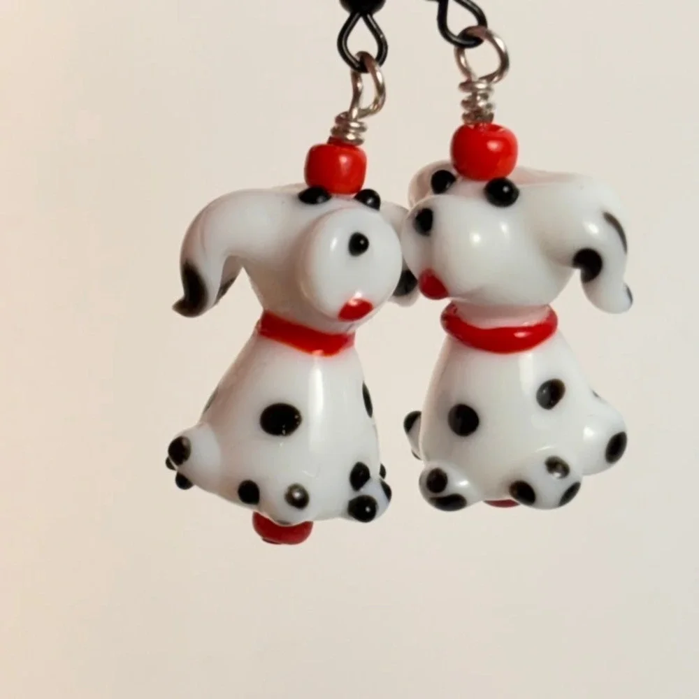 Handmade Dalmatian Dog Earrings White Art Glass Lampwork Whimsygoth Boho Chic